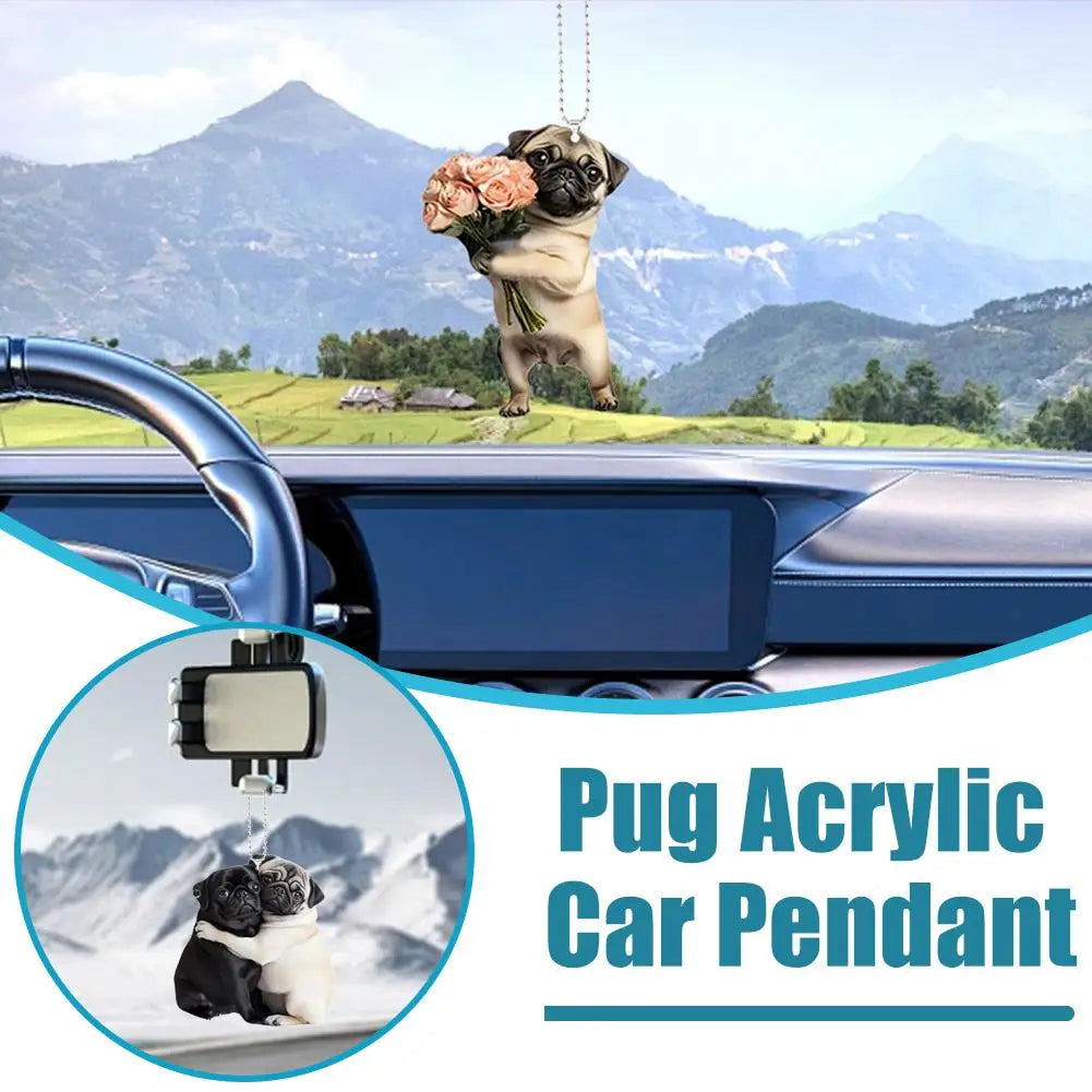 Adorable carlin en acrylique pour rétroviseur de voiture, accessoire 2D mignon, pendentif pour chiot, porte-clés, breloques pour sacs à dos de voiture