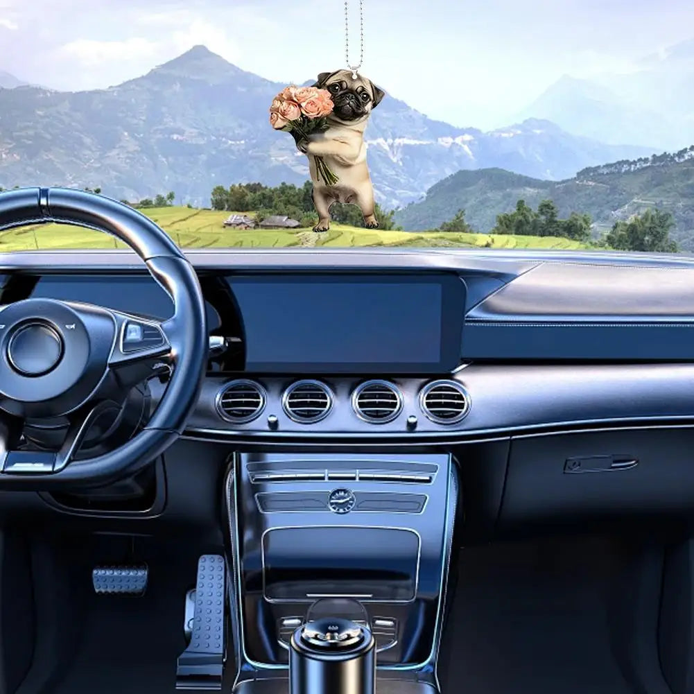 Adorable carlin en acrylique pour rétroviseur de voiture, accessoire 2D mignon, pendentif pour chiot, porte-clés, breloques pour sacs à dos de voiture