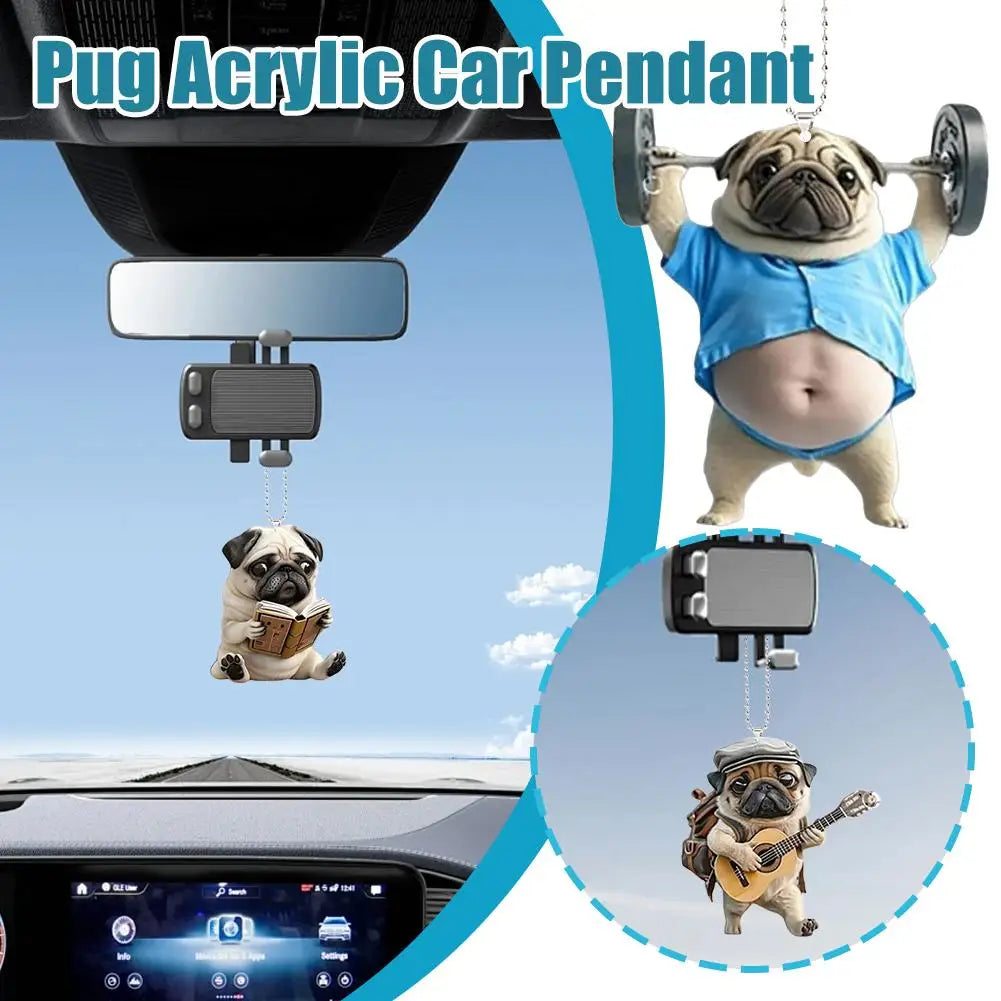 Adorable carlin en acrylique pour rétroviseur de voiture, accessoire 2D mignon, pendentif pour chiot, porte-clés, breloques pour sacs à dos de voiture