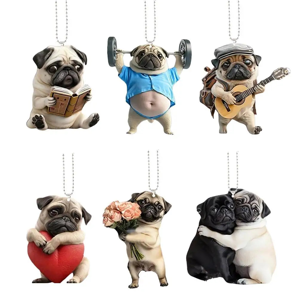 Adorable carlin en acrylique pour rétroviseur de voiture, accessoire 2D mignon, pendentif pour chiot, porte-clés, breloques pour sacs à dos de voiture