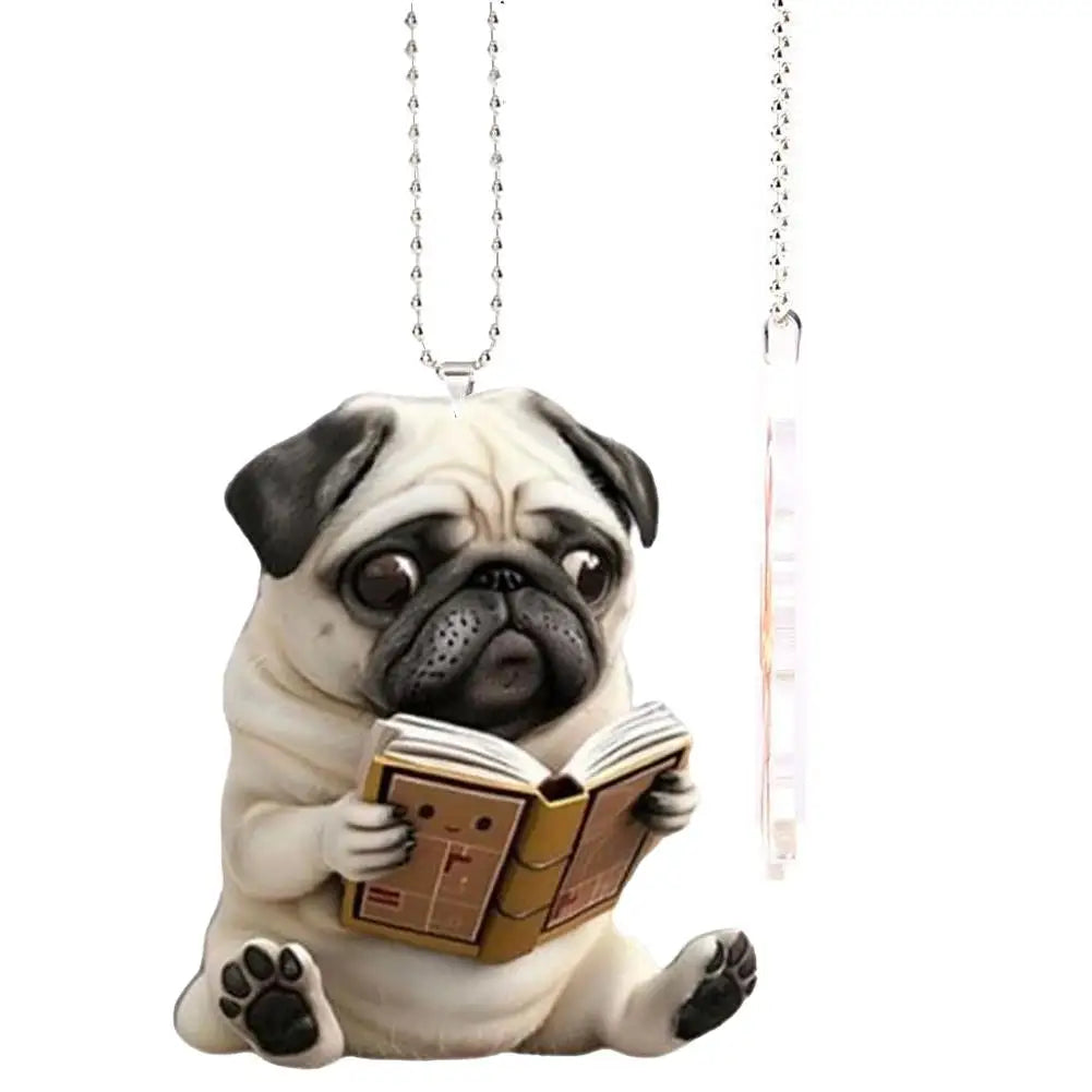 Adorable carlin en acrylique pour rétroviseur de voiture, accessoire 2D mignon, pendentif pour chiot, porte-clés, breloques pour sacs à dos de voiture