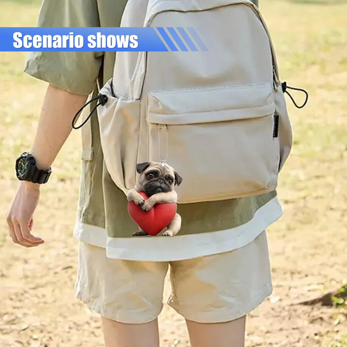 Adorable carlin en acrylique pour rétroviseur de voiture, accessoire 2D mignon, pendentif pour chiot, porte-clés, breloques pour sacs à dos de voiture